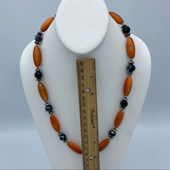 Artisan Handcrafted Orange Silver Tone & Peacock Aurora Borealis Beaded Necklace - Picture 5 of 10